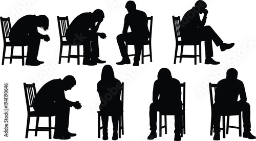 Silhouette people seated distressed posture, emotional gesture concept, introspection illustration, minimalist art, body language representation, mental health study