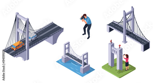 Isometric bridges with photographer capturing landscapes