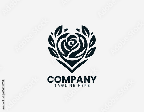 Elegant rose flower inside heart shape in clean modern black vector illustration