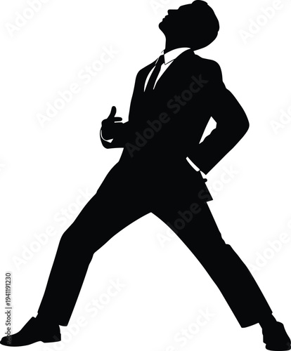 Silhouette of businessman in suit and tie, dynamic triumphant pose with clenched fists, confident celebration gesture, success empowerment illustration design