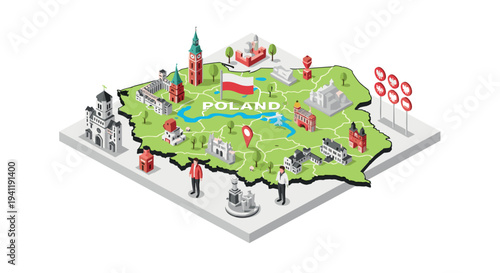 Isometric map of poland with landmarks and flag in 3d style