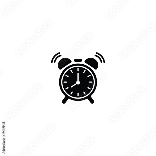 Solid fill of a black alarm clock ringing with sound waves