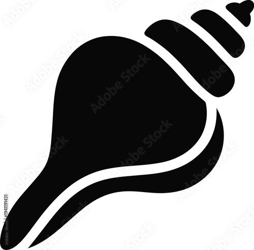 Black silhouette of a conch shell with spiral ridges on a white background marine