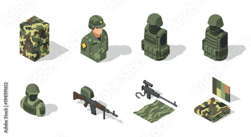Isometric military icons set with camouflage equipment and gear design