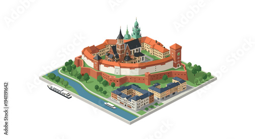 Isometric medieval fortress with river and historic buildings