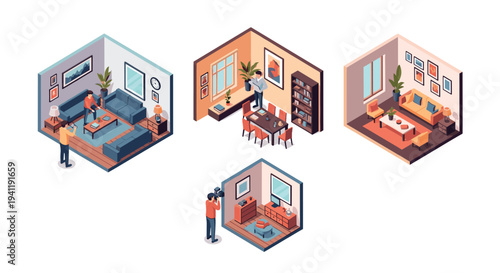 Isometric room set with people: home office, living space, reading area