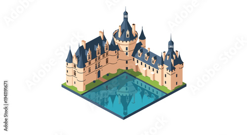 Majestic isometric medieval castle with reflection in tranquil water on white background