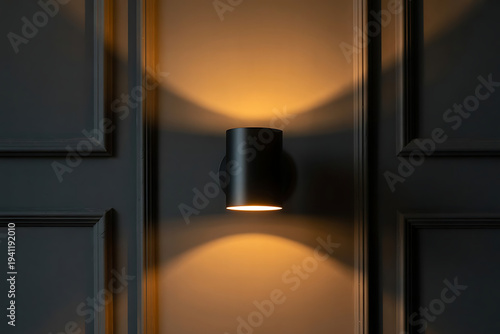 An elegant black wall sconce casts a soft, focused downward light onto the detailed gray wall paneling.