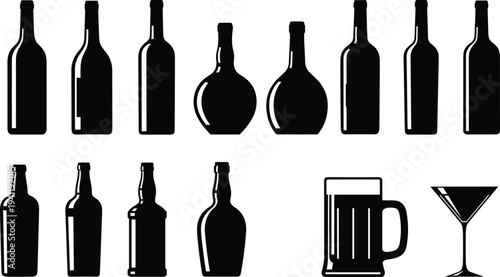 Silhouetted drink container icons, wine bottles, soda bottles, beer mug with foam, martini glass, diverse beverage shapes, alcohol packaging illustration
