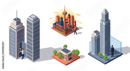 Isometric set of modern city skyscrapers and urban buildings with trees