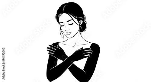 Serene woman embracing herself with closed eyes reflecting self-love and inner tranquility, a