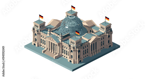 Iconic german landmark in isometric style with national flags and architectural details