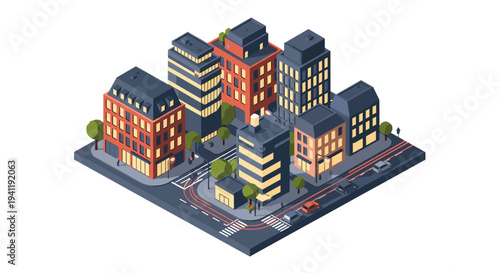Modern isometric city block with urban buildings and streets