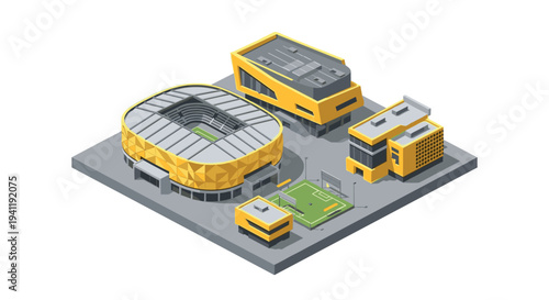 Isometric yellow sports complex with stadium and buildings