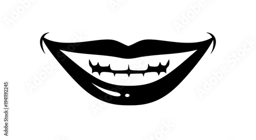 Abstract black silhouette of a wide smile featuring pointy teeth an unsettling yet intriguing visual