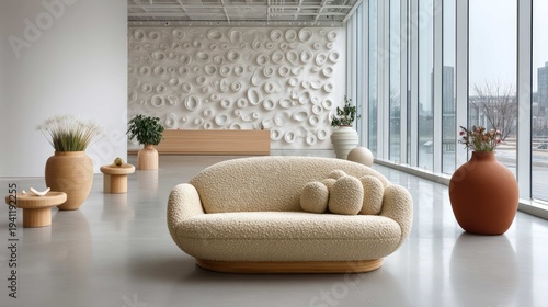 Modern Living Room with Textured Sofa and Minimalist Decor Highlighting Neutral Tones and Natural Materials