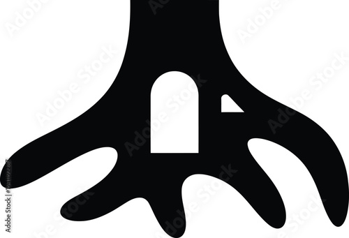 Black silhouette of tree roots forming an archway or doorway on white background illustration