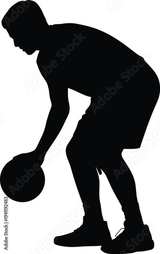 Silhouette of a basketball player dribbling a ball on white background illustration (76