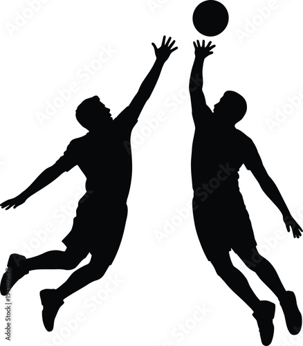 Silhouettes of two male basketball players jumping for the ball on white background males