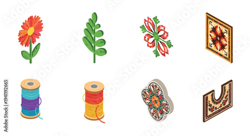 Traditional embroidery elements with floral designs and sewing threads