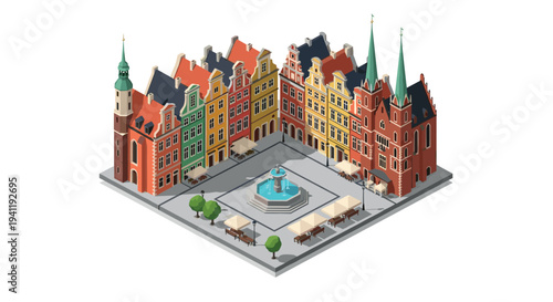 Charming european plaza with colorful buildings and fountain in isometric design