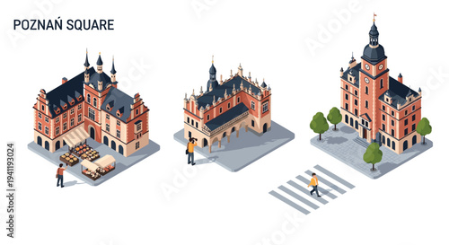 Isometric cityscape of poznań square with historic buildings and pedestrian