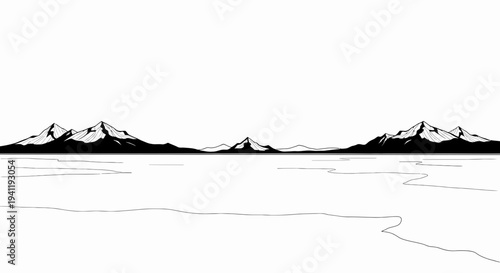 Minimalist black and white mountain peaks reflected across a calm water surface vista vector art