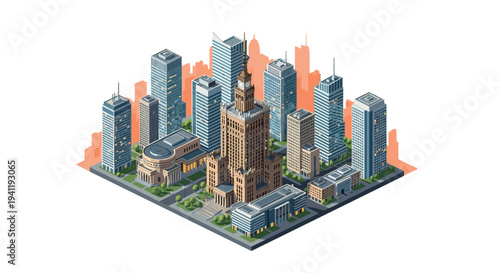 Modern isometric cityscape with high-rise buildings and landmark architecture