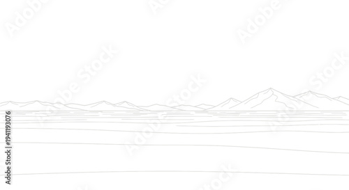 Clean vector outline illustration of a vast open plain leading to a serene mountain range