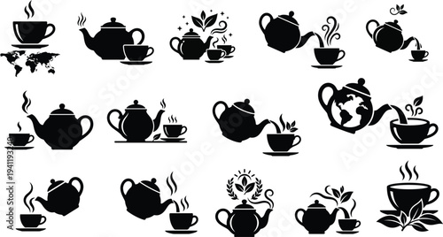Set of teapot and teacup icons for tea shop branding and organic herbal beverage design
