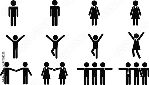 Silhouetted human figures and groups, male and female icons, expressive poses, jumping stances, handshake interactions, social unity, emotional communication