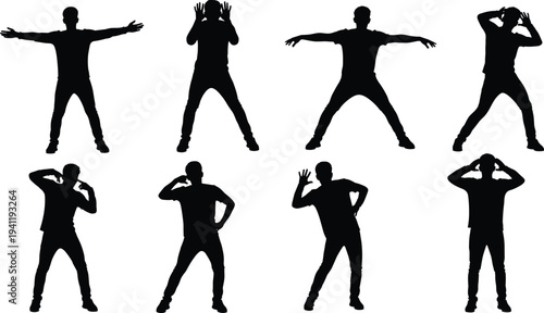 Silhouetted human figures in expressive poses, body language gestures, dance movements, nonverbal communication stances, grid arrangement, physical training illustration
