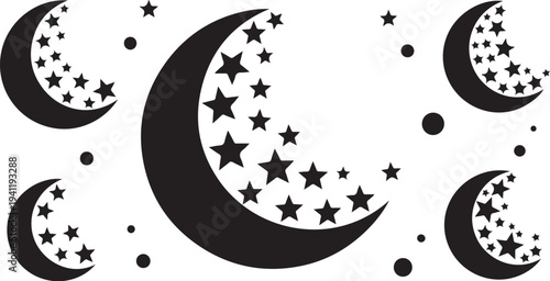 Black crescent moons and stars on white background illustration