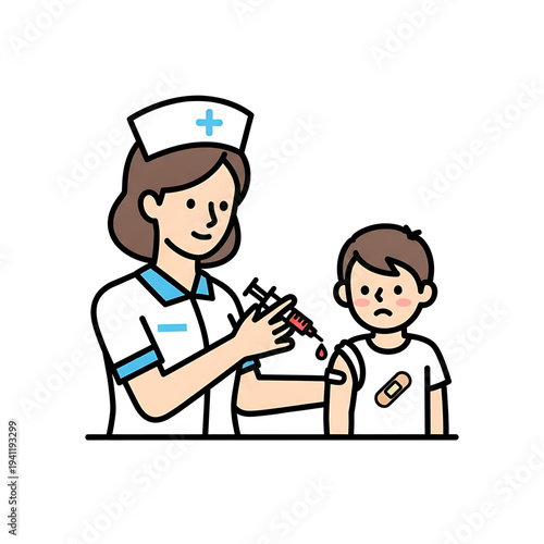 Nurse vaccinating a child with medical injection in clinic.