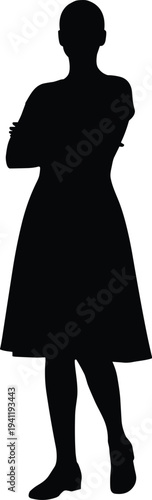 Silhouette woman standing arms crossed, dress posture concept, minimalist art illustration, body language representation, fashion design study, human gesture