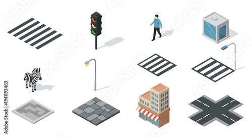 Isometric urban elements: streets, zebra crossing, and city infrastructure