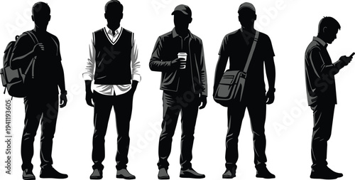 Silhouetted male figures in everyday fashion styles, backpack icon, sweater vest attire, baseball cap with cup, messenger bag pose, smartphone user silhouette