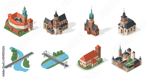 Isometric architectural landmarks and bridges on white background