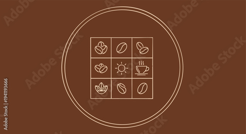 Coffee Beans Icons Grid. Coffee Concept. Flat Design. Brown Background.