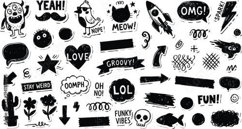 Collection of hand drawn doodle stickers and cute cartoon characters for social media design