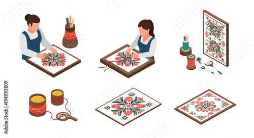 Isometric embroidery process with traditional patterns and tools