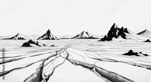Dramatic monochrome illustration of a fractured icy landscape with towering mountains under a vast