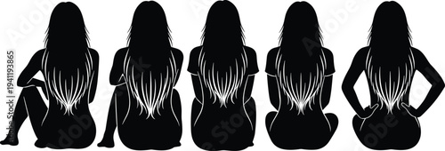 Silhouette women seated back view, long hair variation, posture gesture concept, minimalist art, body language illustration, fashion design representation