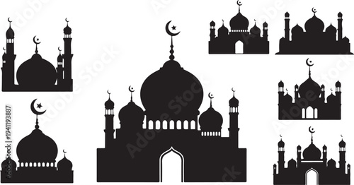 Silhouette of various mosque architecture in black and white