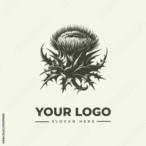 A vintage-style woodcut illustration of a thistle with a logo and placeholder text for a slogan on a clean white background.