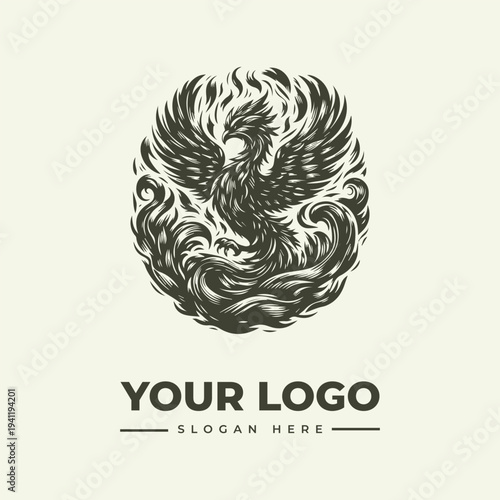Black and white vector illustration of a phoenix rising from flames, surrounded by swirling patterns, with space for a logo and slogan in a simple design.