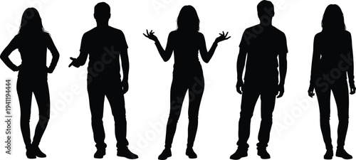 Standing people silhouettes set casual men and women gestures communication poses isolated black vector illustration collection