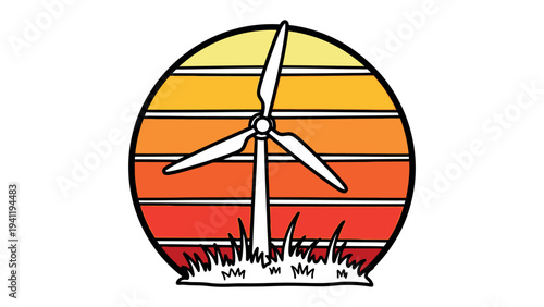 Sustainable Energy Symbol: A minimalist design showcases a wind turbine, an emblem of renewable energy, set against a vibrant, striped sunset backdrop. Representing a vision for a cleaner.
