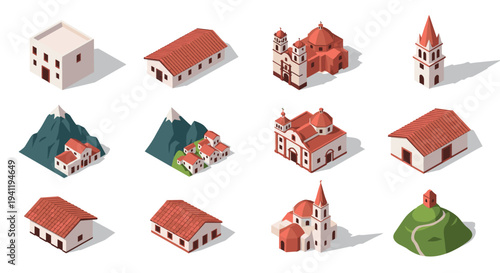 Isometric buildings collection with red roofs and minimalist design