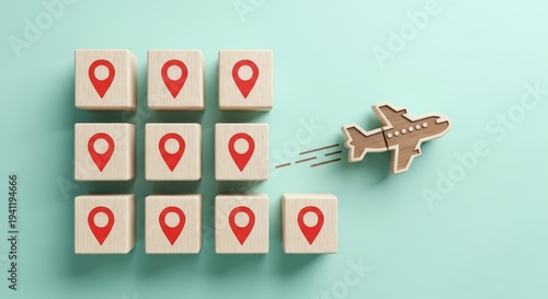 Airplane departing from a grid of location pins concept